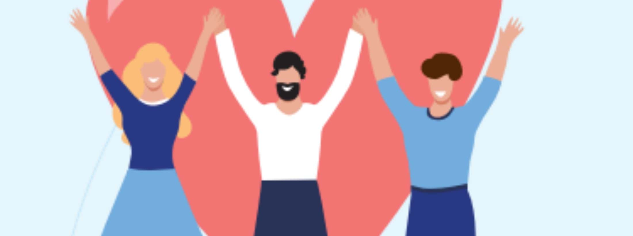 Illustratie van drie mensen met opgeheven armen en een hart op de achtergrond.