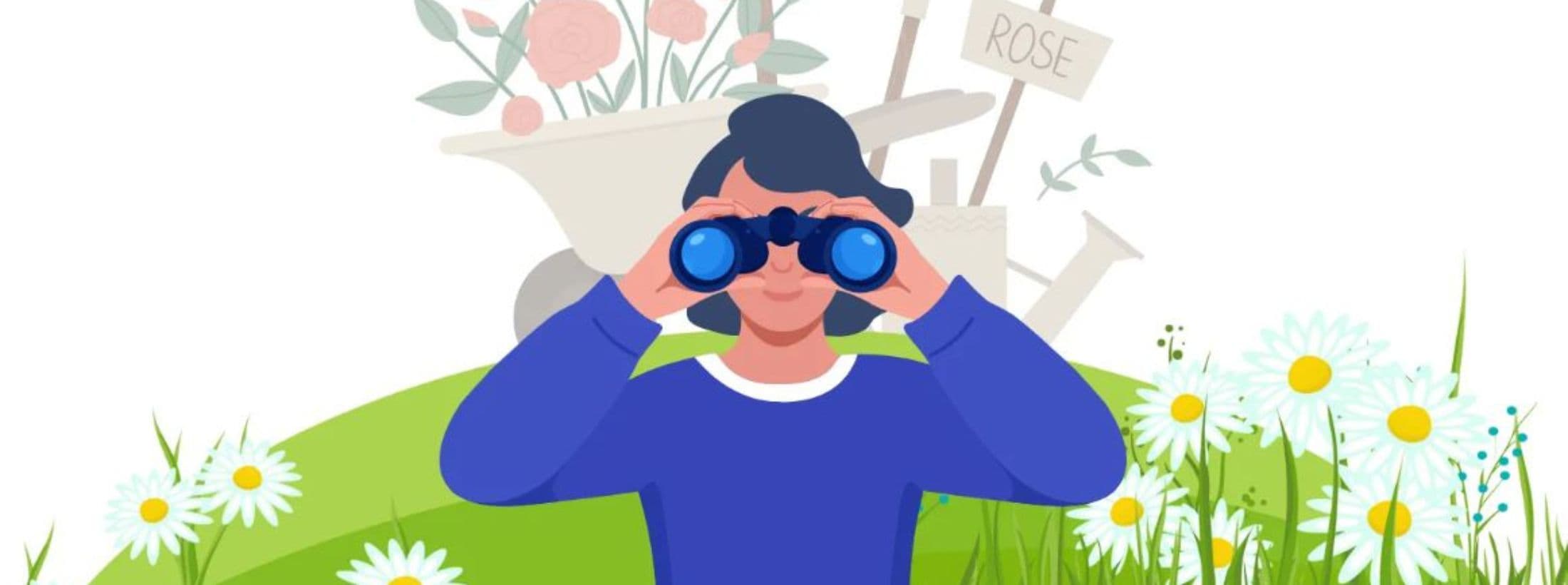 Illustratie van een persoon die door een verrekijker kijkt met bloemen en een kruiwagen op de achtergrond.